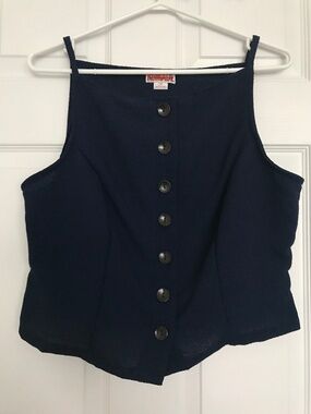 NWOT ReMADE By UO Remnants Crepe Button-Front High Boatneck Tank Top L Navy Blue
